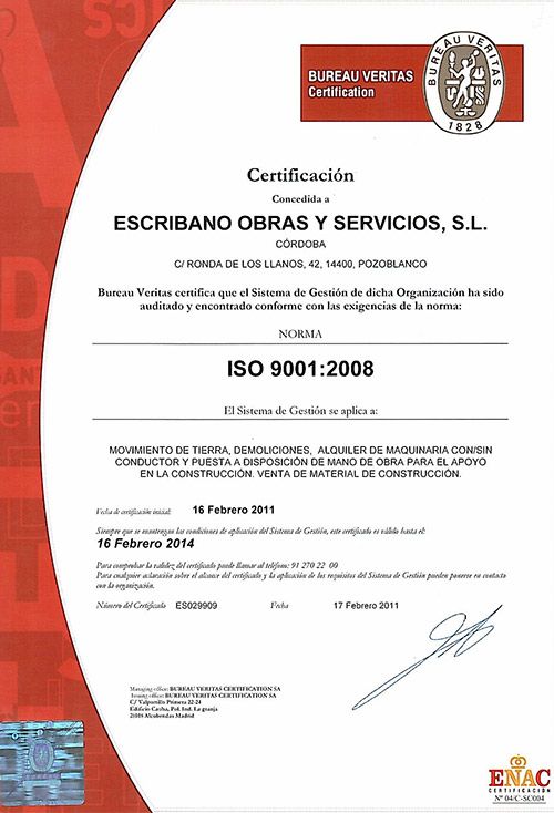 Escribano Obras y Servicios S.L. certificado