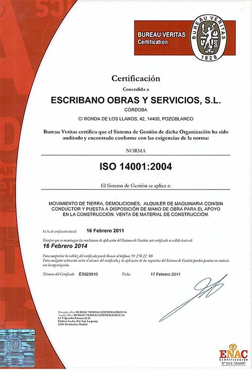Escribano Obras y Servicios S.L. certificado ISO